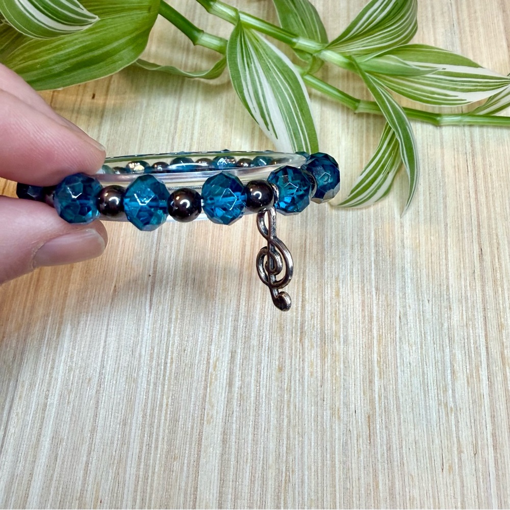 Blue Glass Rondelle Stretch Bracelet w/ Hematite Accents| Treble Clef, Handmade